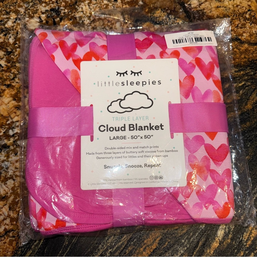 Little Sleepies Pink Watercolor Hearts Cloud Blanket